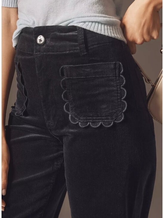 Anthropologie Colette Corduroy Crop Pants Scallop Pocket Wide Leg Size 28 Navy - Picture 2 of 11